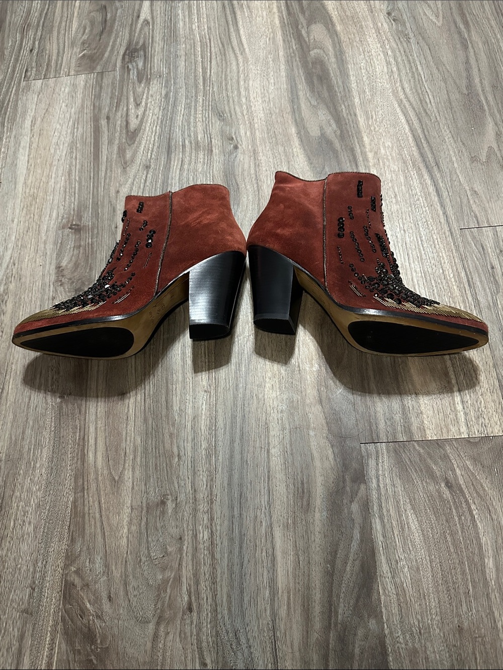 Donald J. Pliner Rust Suede Embellished Ankle Boots with Gold Toe - Picture 8 of 12